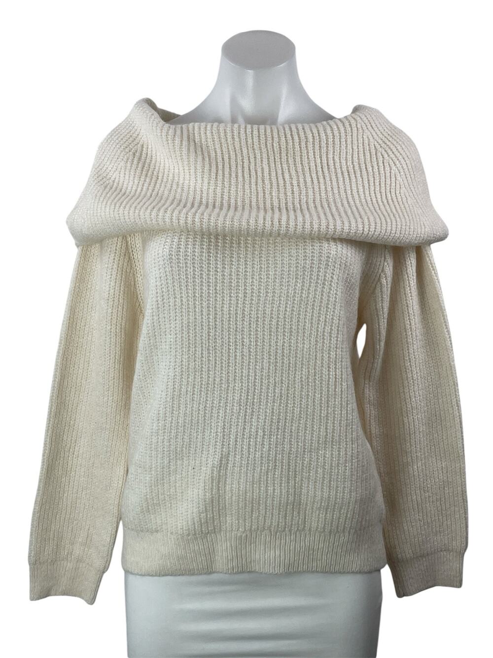 NEW MNG Mango Cream Off The Shoulder Ribbed Knit Long Sleeve Sweater Top Size M